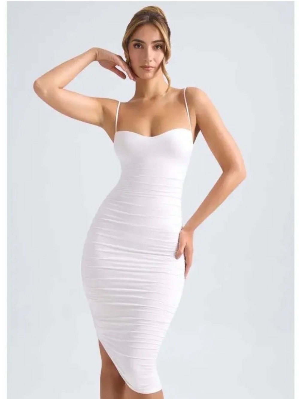 Oh Polly Asymmetric Ruched Midi Dress in Ivory NWT